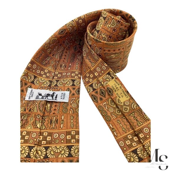 HERMES PARIS 7641 TA Orange Heiroglyphics Pattern Silk Tie France W: 3.5" E.C - Picture 4 of 7